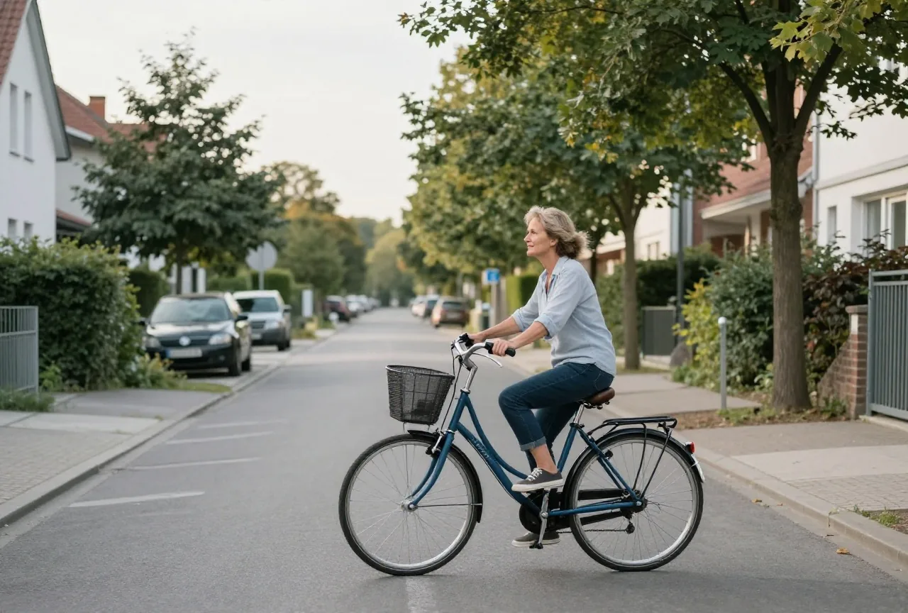 Frau in den Fünfzigern fährt am Nachmittag mit einem Korbfahrrad durch eine ruhige Wohnstraße