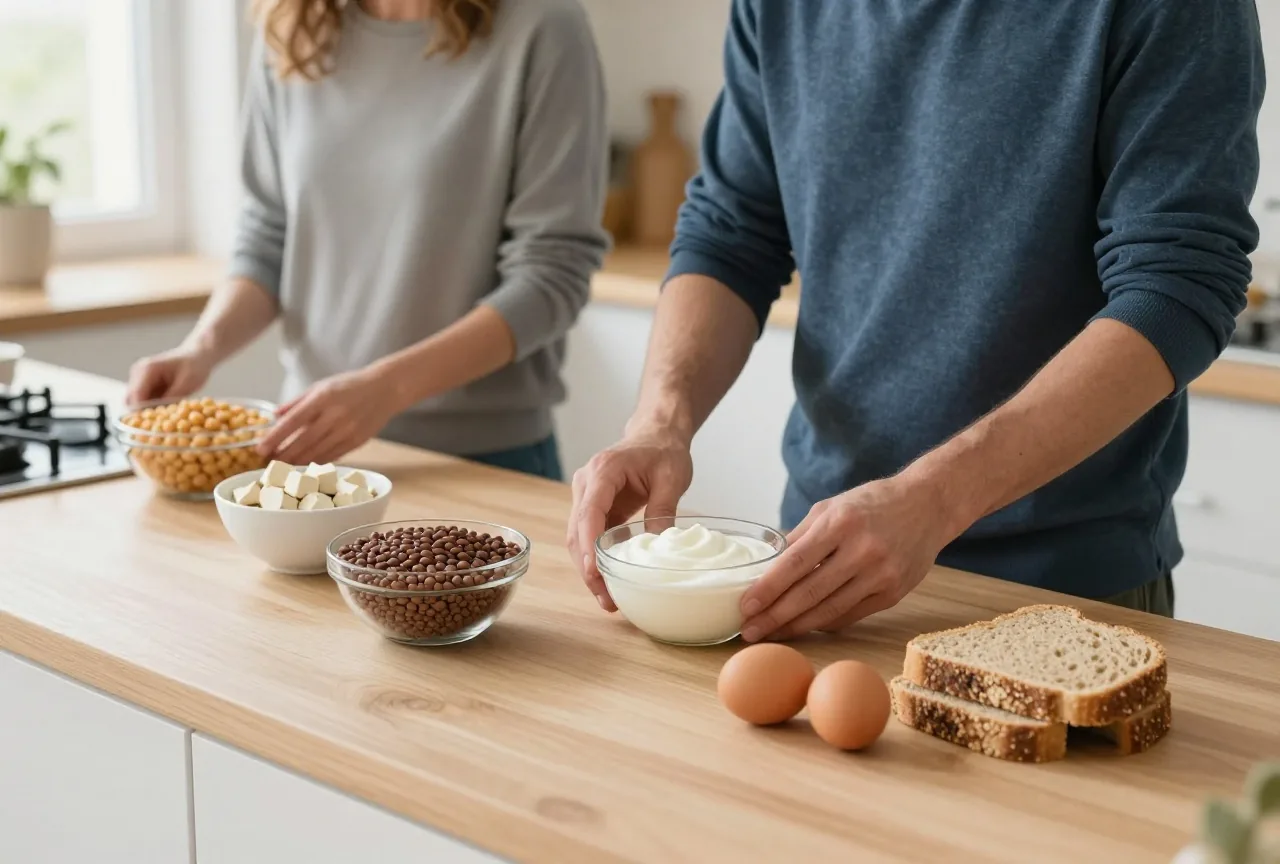 Mann in den Dreißigern stellt Schalen mit Linsen, Kichererbsen, Tofu, Joghurt und Eiern auf die Arbeitsplatte