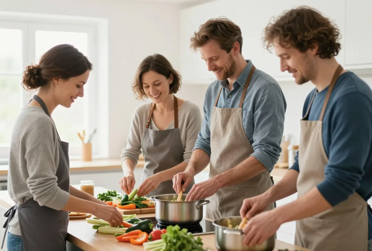 Vier Erwachsene kochen in einem hellen Kochkurs zusammen, waschen Gemüse und rühren in einem großen Topf