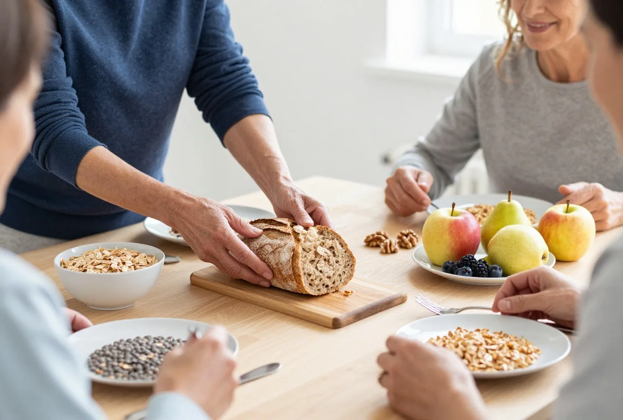 Frau in den Sechzigern stellt Vollkornbrot, Linsen, Haferflocken, Obst und Walnüsse auf einen Holztisch