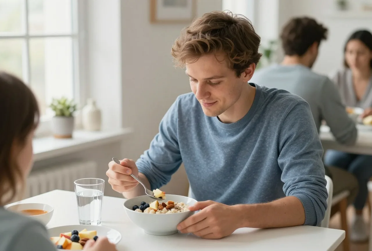 Junger Mann frühstückt am Fenster Porridge mit Apfelstücken, Blaubeeren, Mandeln und Leinsamen