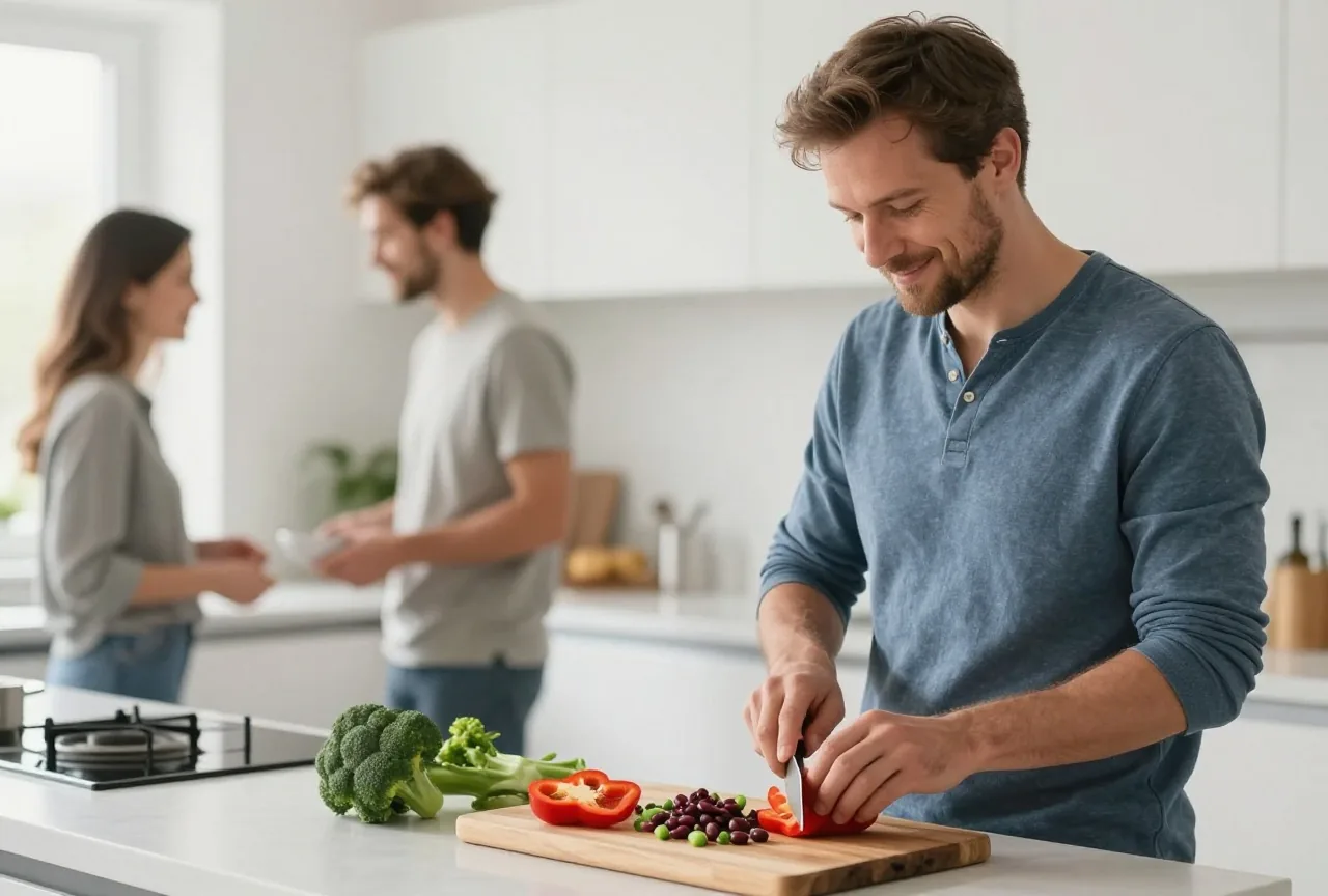 Mann Mitte vierzig schneidet in einer hellen Küche Paprika und Brokkoli für einen Bohnensalat