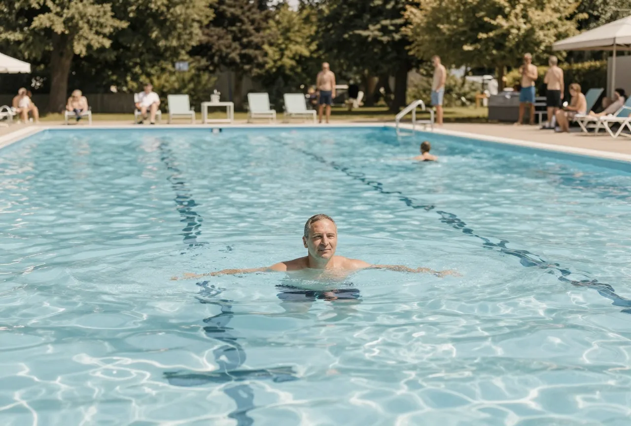 Mann in den Fünfzigern schwimmt an einem Sommermorgen ruhig seine Bahnen im Freibad