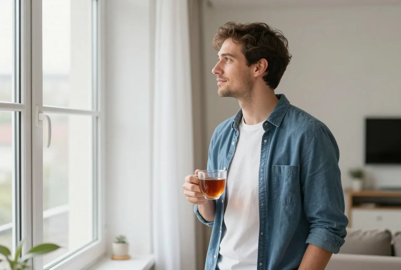 Mann in den Dreißigern steht am frühen Morgen mit einer Tasse Tee nachdenklich am Fenster