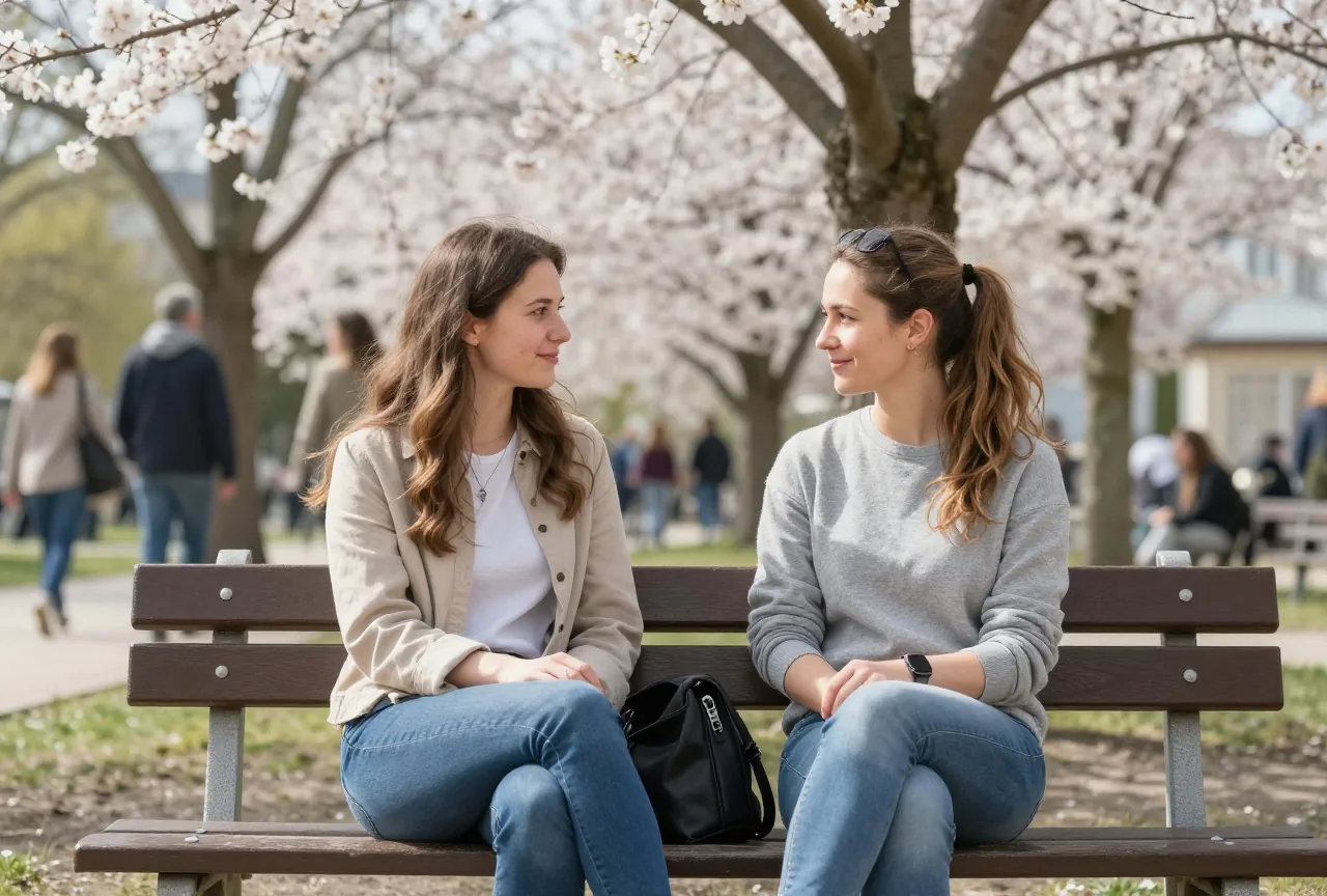 Zwei Frauen in den Dreißigern sitzen im Frühling auf einer Parkbank und unterhalten sich