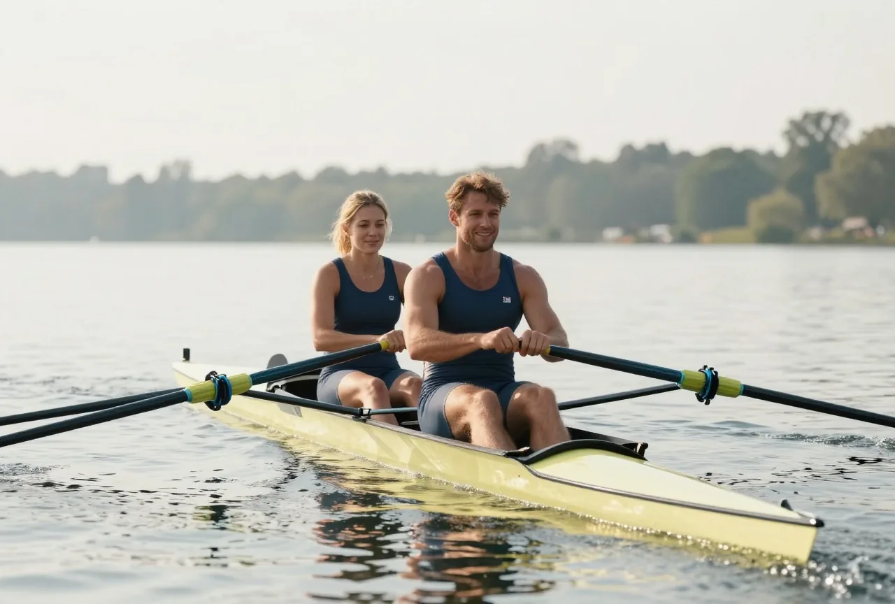 Kräftiger Mann und eine Frau in den Dreißigern tragen am Morgen ein Ruderboot zum See