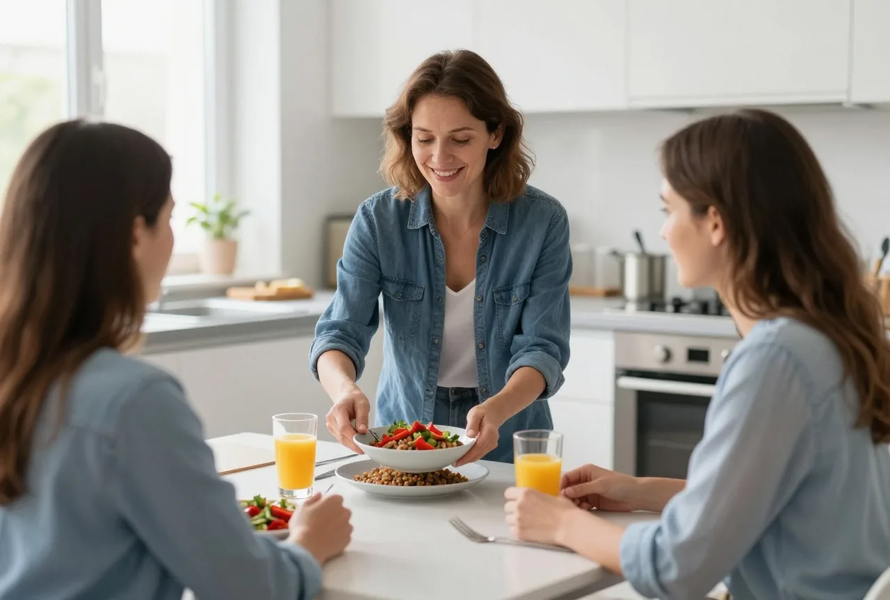 Frau in den Vierzigern serviert einer jungen Frau Linsensalat mit Paprika und ein Glas Orangensaft