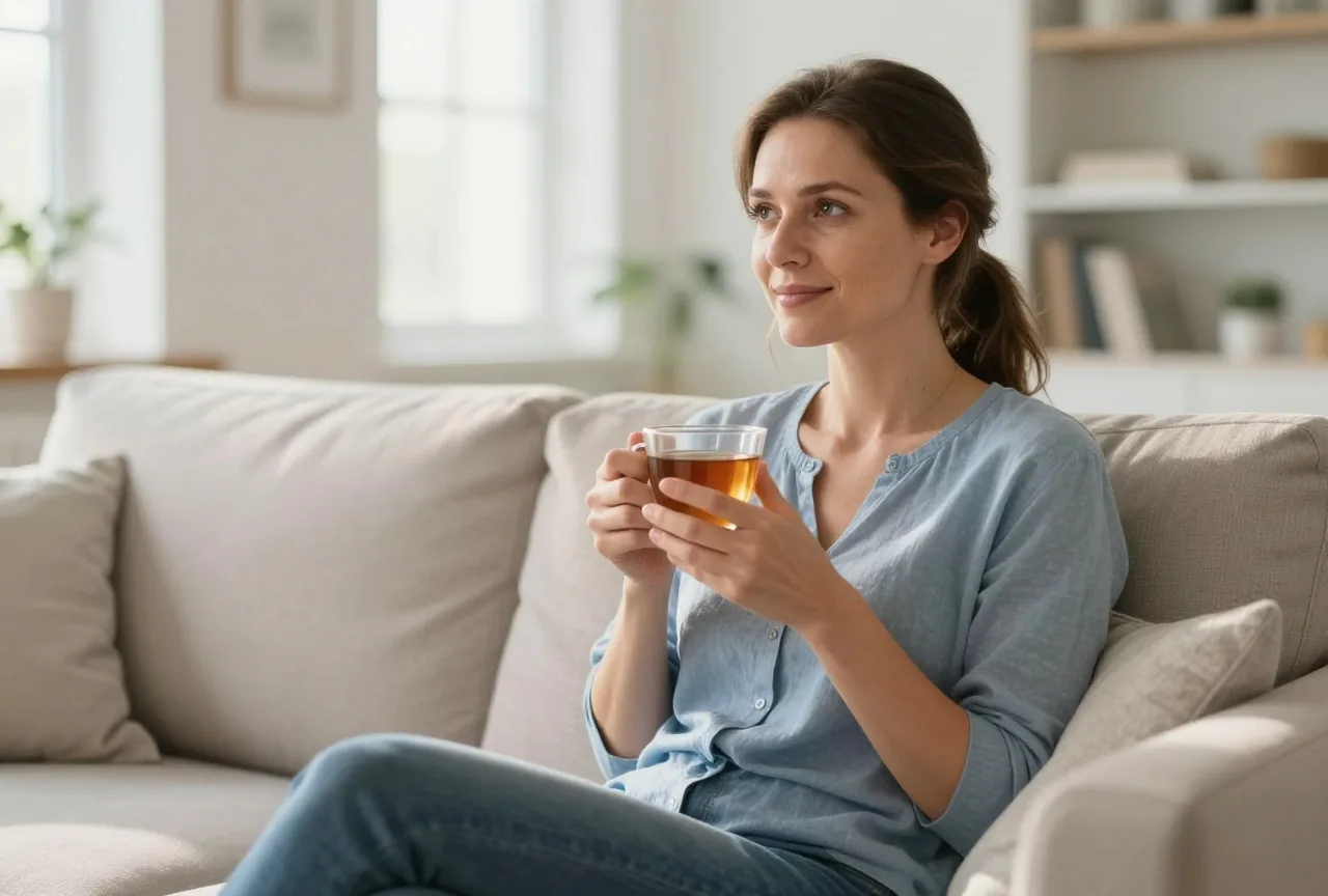 Frau in den Vierzigern sitzt am späten Nachmittag auf dem Sofa und hält eine Teetasse in beiden Händen