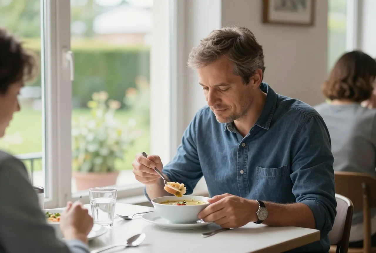 Mann in den Fünfzigern isst mittags am Fenster in Ruhe eine Schüssel Suppe mit Brot