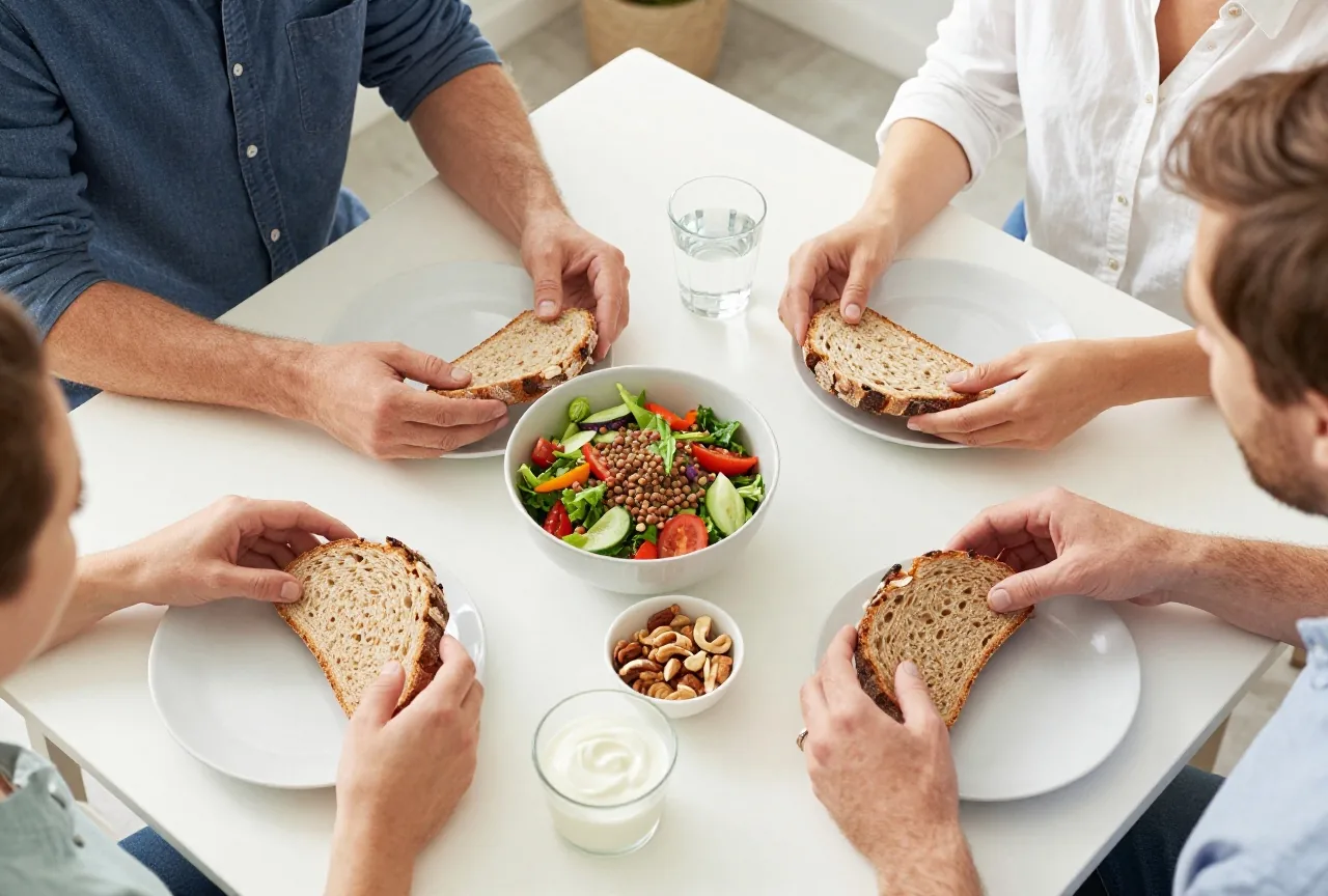Zwei Erwachsene greifen am Mittagstisch nach Vollkornbrot, Linsensalat, Gemüse, Nüssen und Joghurt