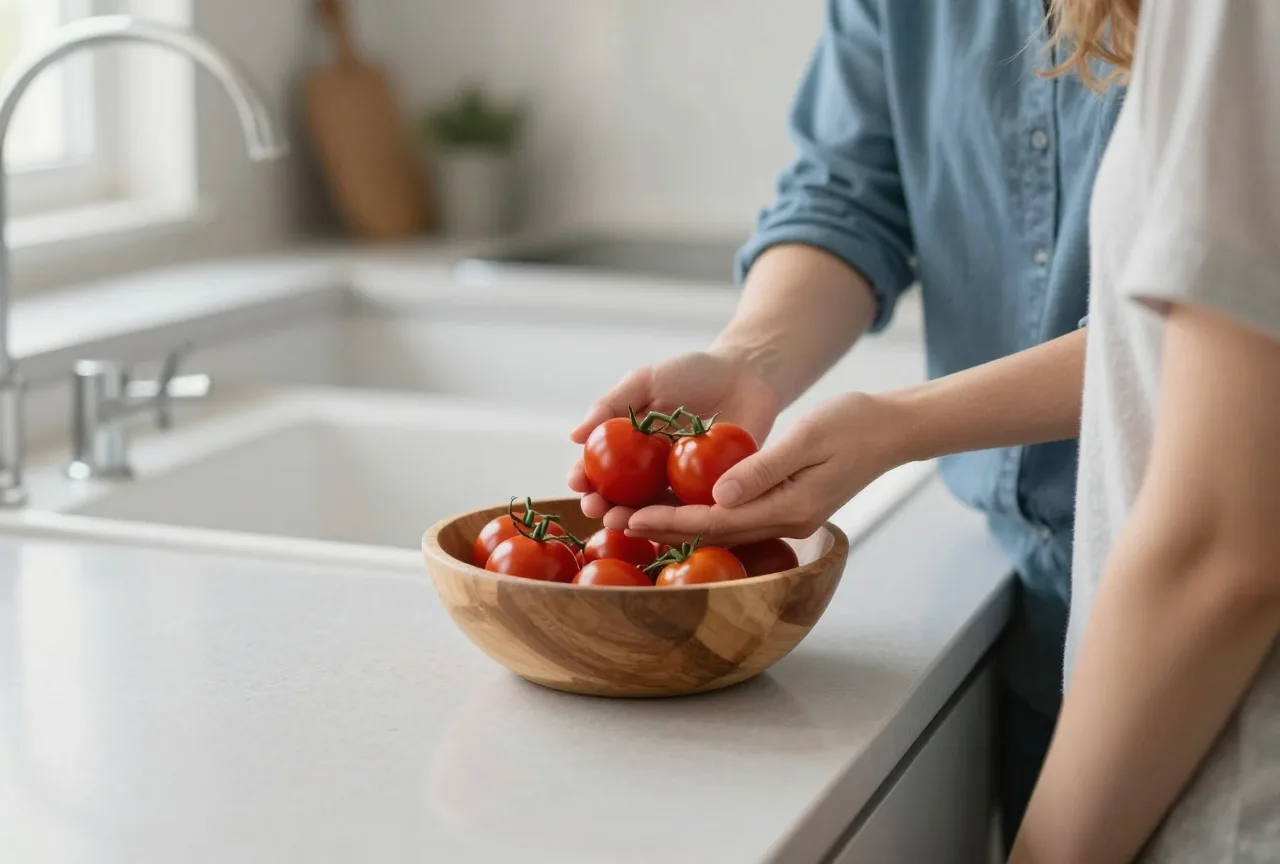 Frau in den Dreißigern hält eine Handvoll Kirschtomaten über eine Holzschale in der Küche