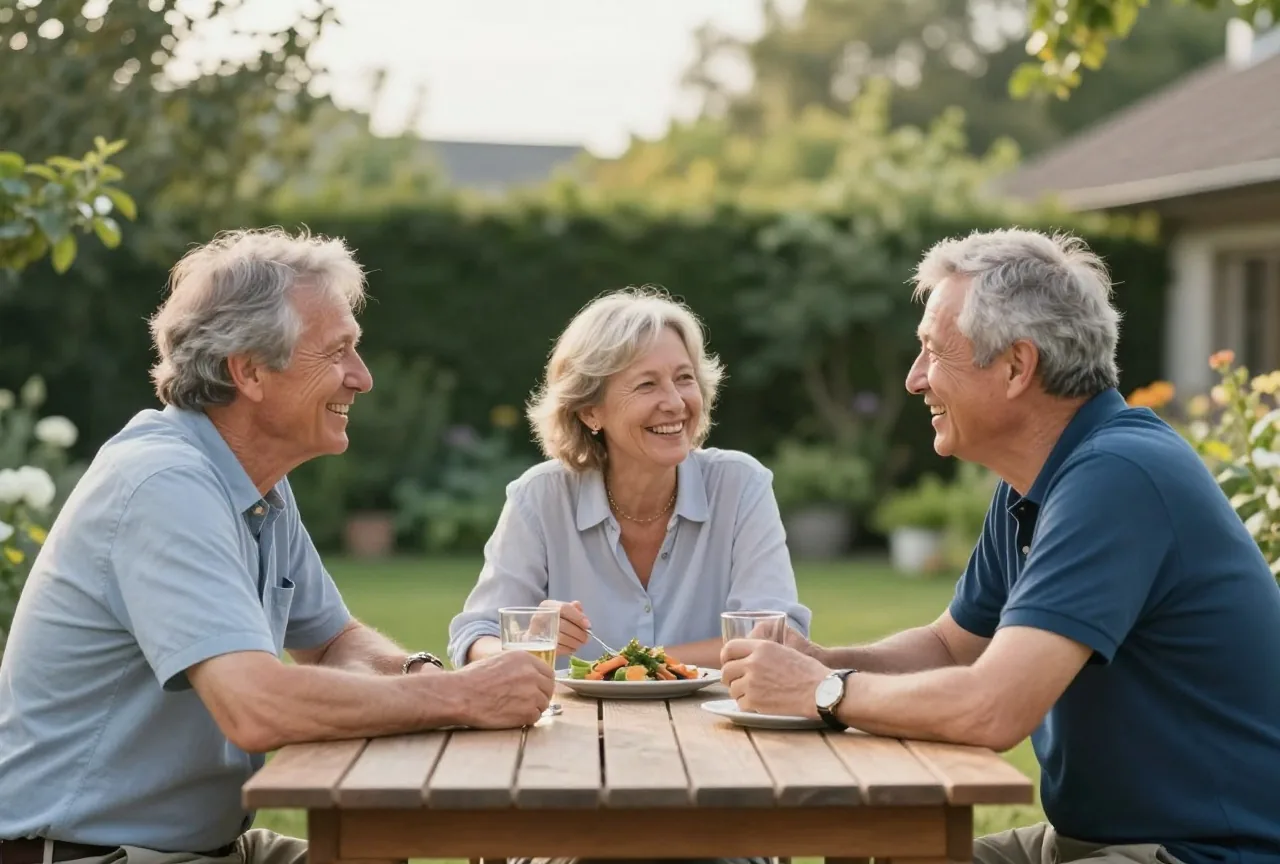 Drei Erwachsene unterschiedlichen Alters essen an einem Sommerabend zusammen an einem Holztisch im Garten