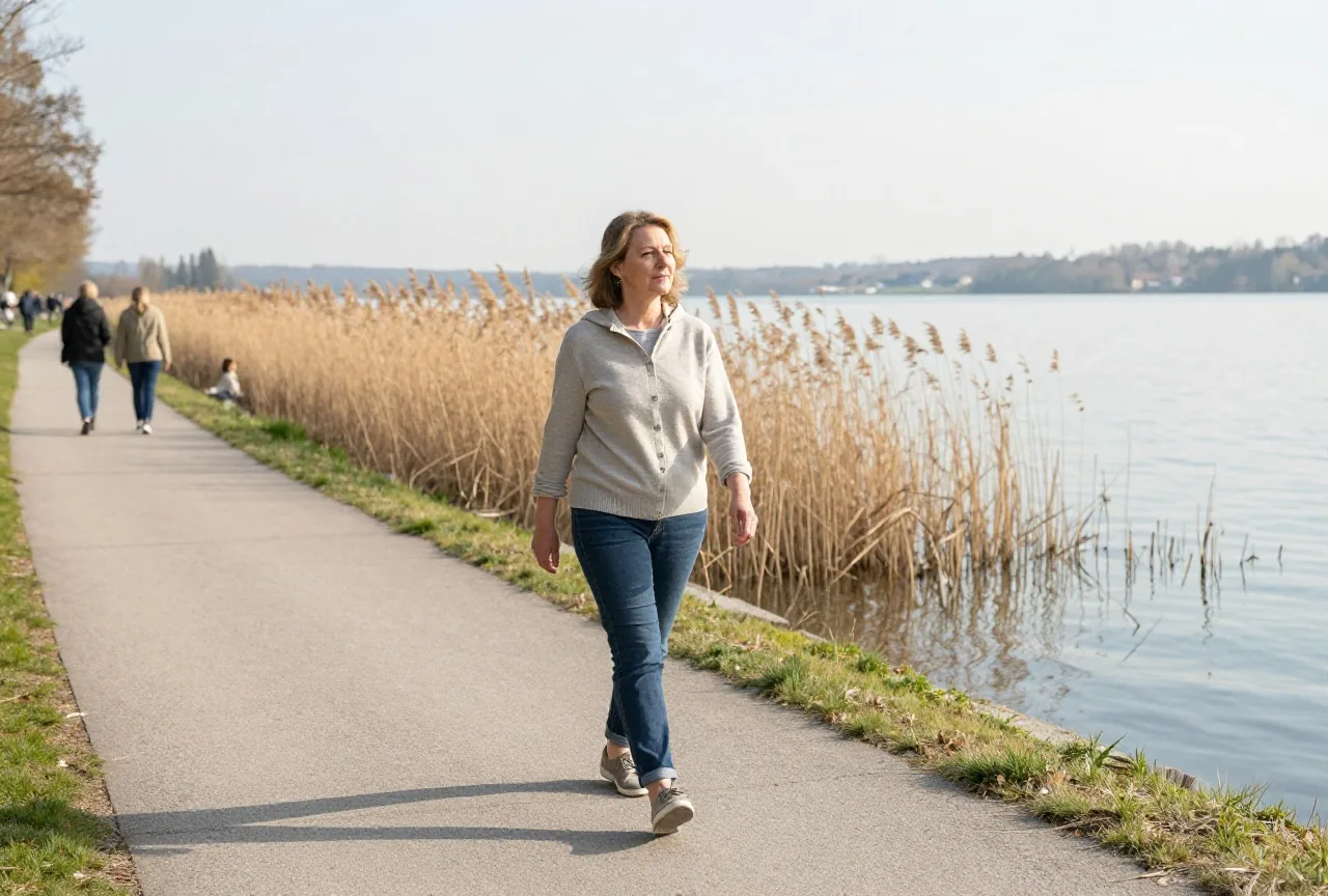 Frau in den Fünfzigern geht am Morgen allein und nachdenklich an einem Seeufer entlang