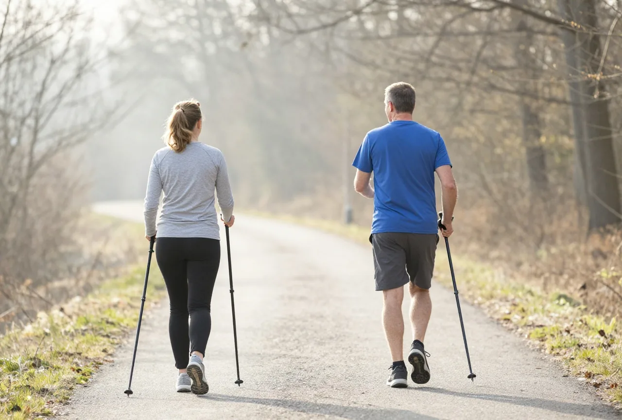 Zwei Erwachsene in den Fünfzigern machen am Morgen Nordic Walking auf einem Weg am Waldrand