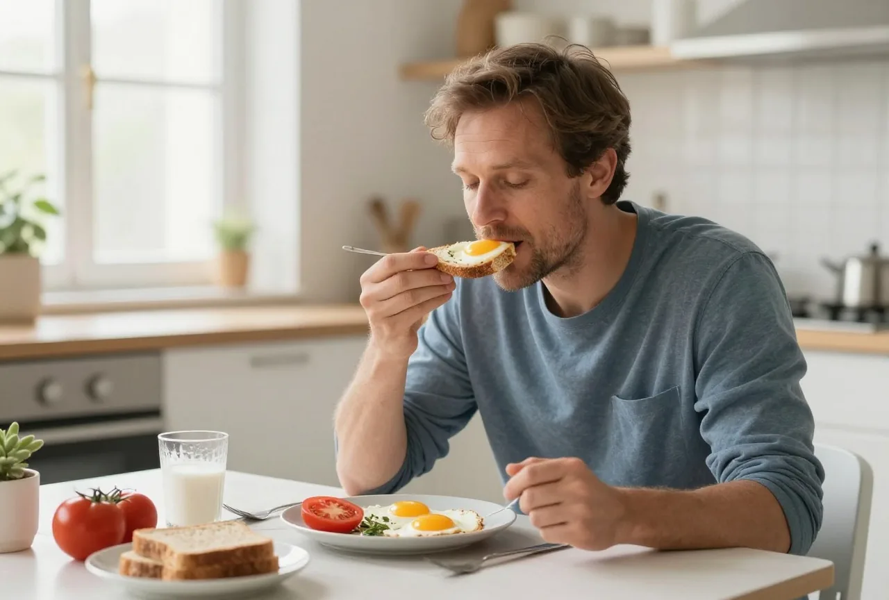 Mann in den Vierzigern isst am späten Vormittag ein Frühstück mit Ei, Vollkornbrot und Tomaten