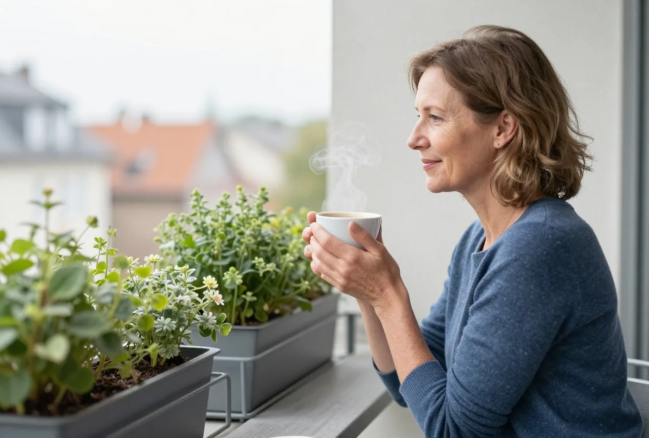 Frau in den Fünfzigern hält am Vormittag auf dem Balkon eine dampfende Tasse Kaffee