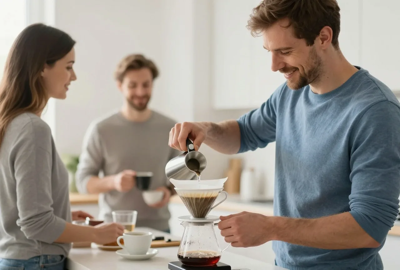 Mann in den Dreißigern brüht am Morgen Kaffee durch einen Papierfilter in eine weiße Tasse