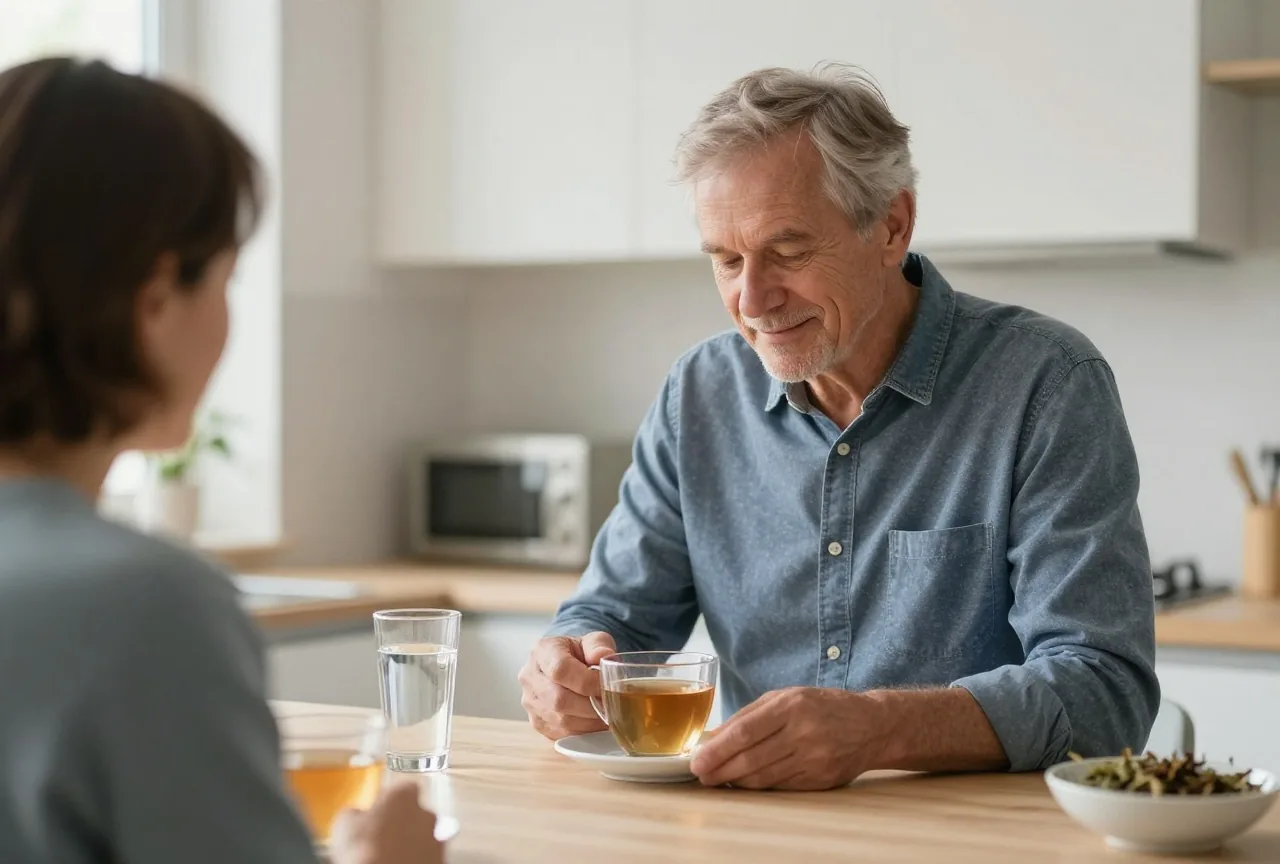 Mann in den Sechzigern bereitet am späten Nachmittag eine Tasse Kräutertee zu, daneben ein Glas Wasser