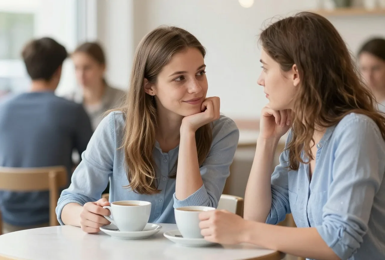 Junge Frau in den Zwanzigern vertraut sich im Café bei einer Tasse Tee einer Freundin an
