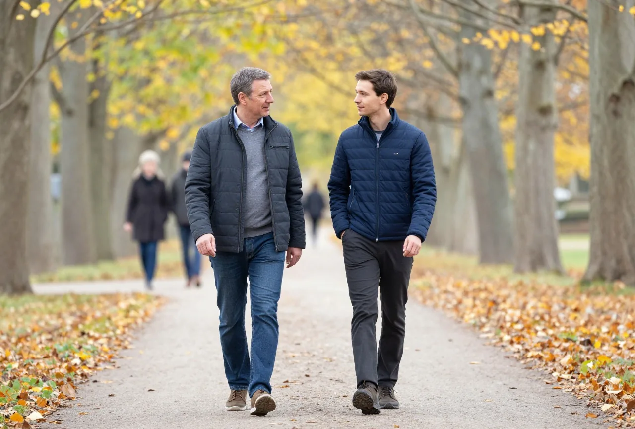 Mann in den Fünfzigern geht im Herbst mit seinem erwachsenen Sohn durch den Wald und spricht mit ihm