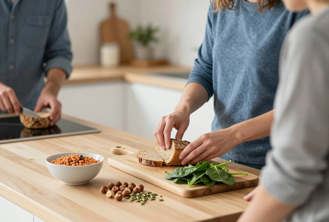 Frau in den Dreißigern bereitet Vollkornbrot, Linsen, Haselnüsse, Kürbiskerne und Spinat für das Mittagessen vor