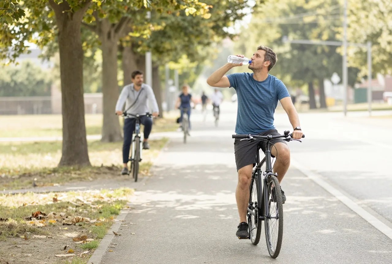 Mann in den Vierzigern macht nach einer langen Radtour im Schatten Pause und trinkt Wasser