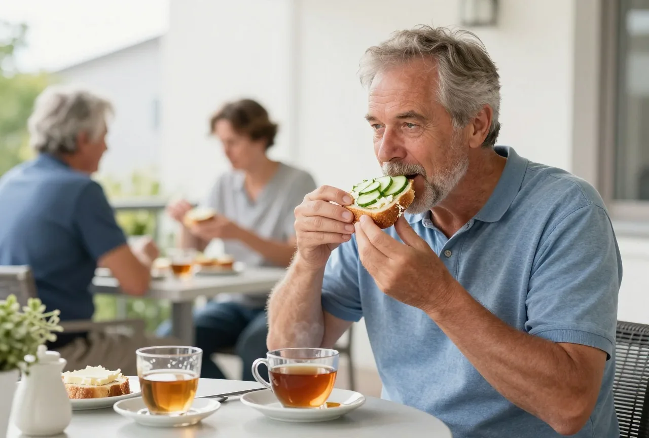Mann in den Sechzigern frühstückt auf einer sonnigen Terrasse Brot mit Käse und Gurke