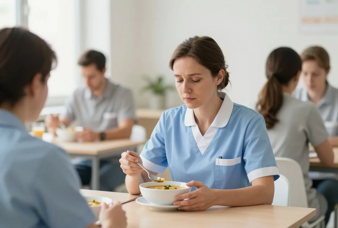 Pflegekraft in den Vierzigern isst früh am Morgen im Pausenraum eine Schüssel Suppe