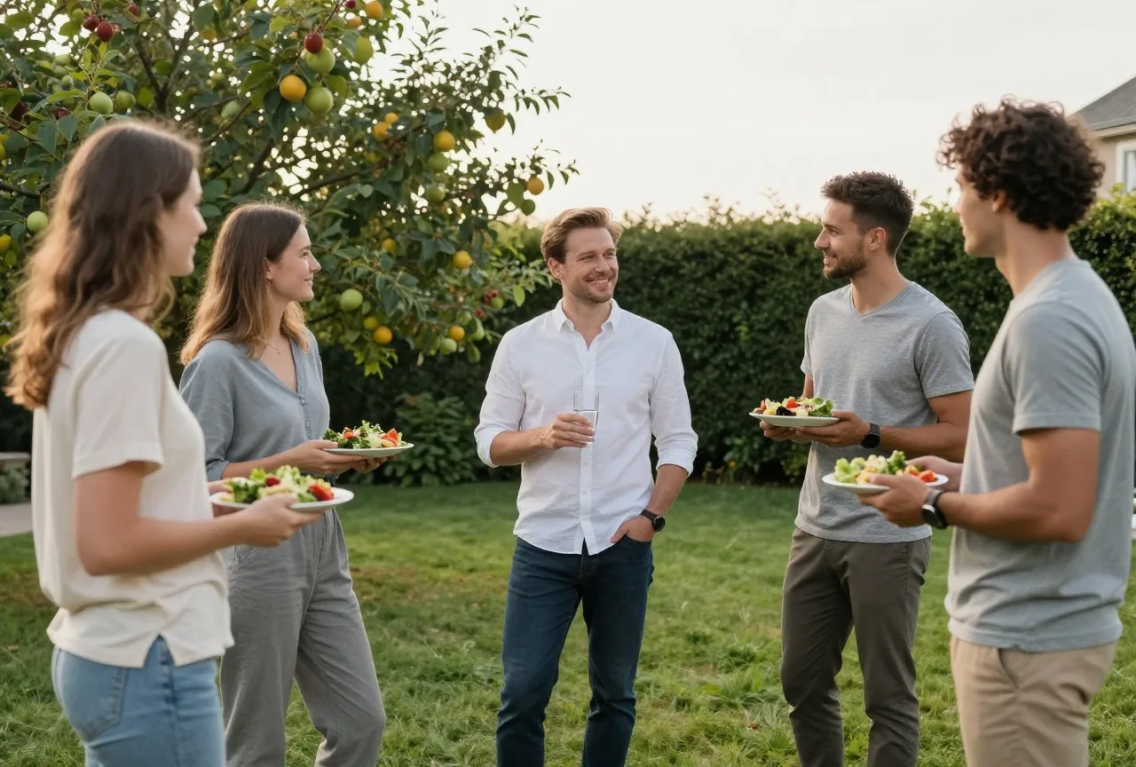 Mann in den Dreißigern steht bei einer Gartenfeier mit einem Glas Wasser etwas abseits der Gruppe