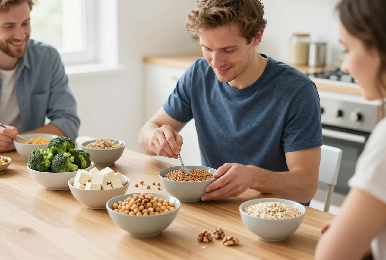 Junger Mann füllt Schalen mit Linsen, Kichererbsen, Tofu, Brokkoli, Walnüssen und Haferflocken
