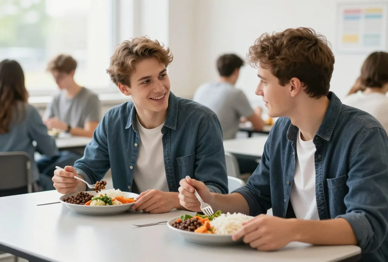 Zwei Studierende in den Zwanzigern essen in einer hellen Mensa ein vegetarisches Mittagessen