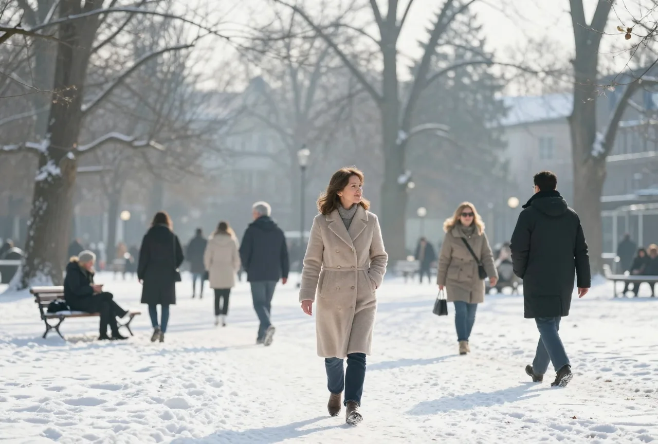 Frau in den Vierzigern geht im Wintermantel durch einen verschneiten Park und hält das Gesicht in die Sonne