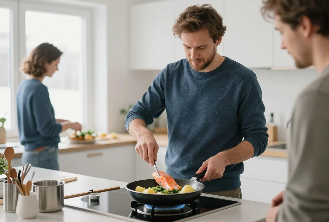 Mann in den Dreißigern brät in einer hellen Küche Lachs mit Kartoffeln und grünem Gemüse