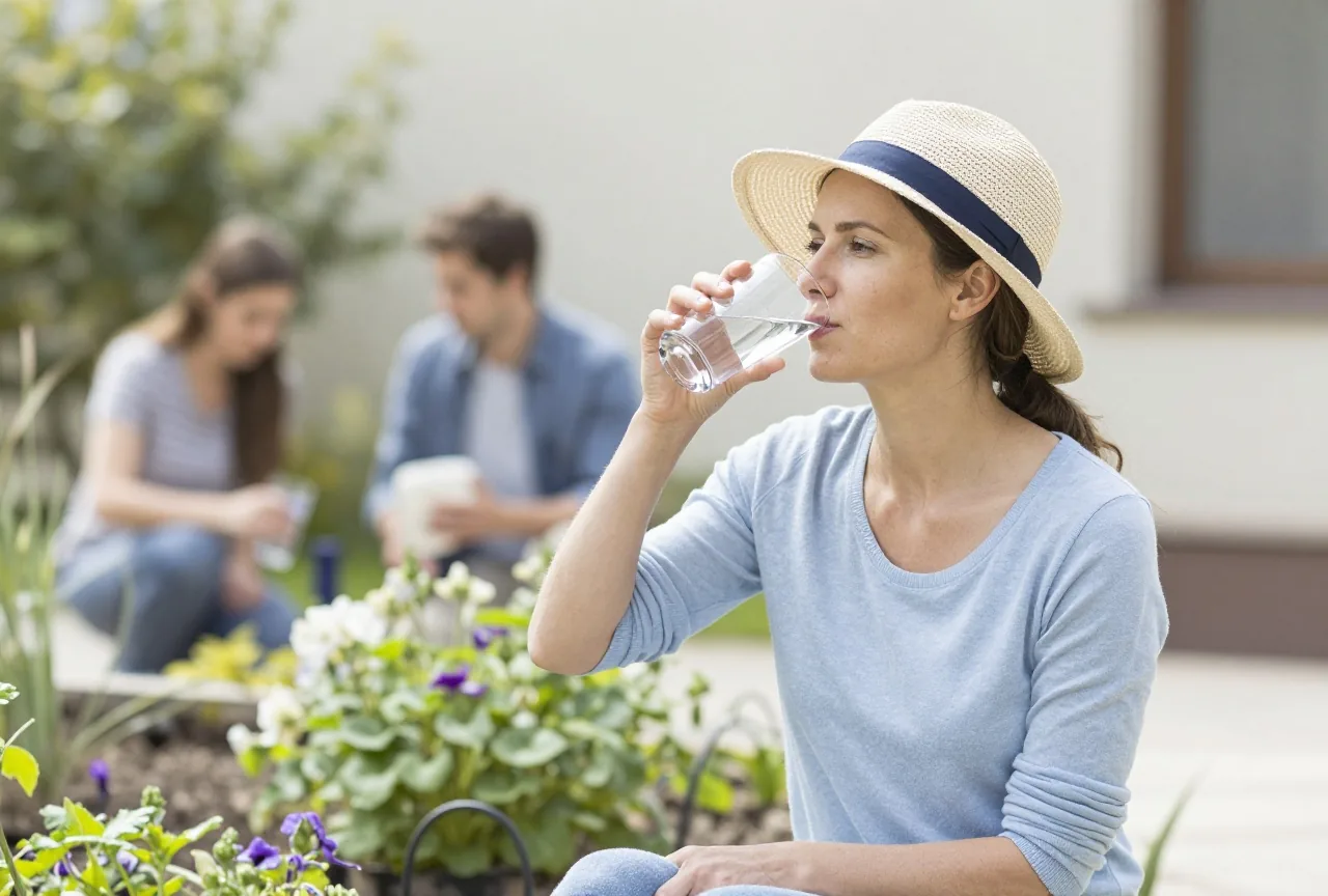 Frau in den Vierzigern trinkt an einem heißen Sommertag bei der Gartenarbeit im Schatten ein Glas Wasser