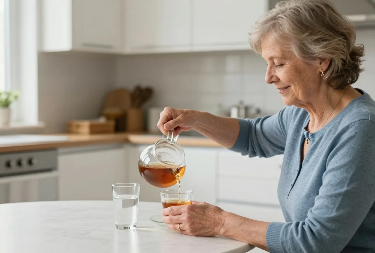 Frau in den Siebzigern gießt sich am Küchentisch Tee ein, daneben steht ein Glas Wasser
