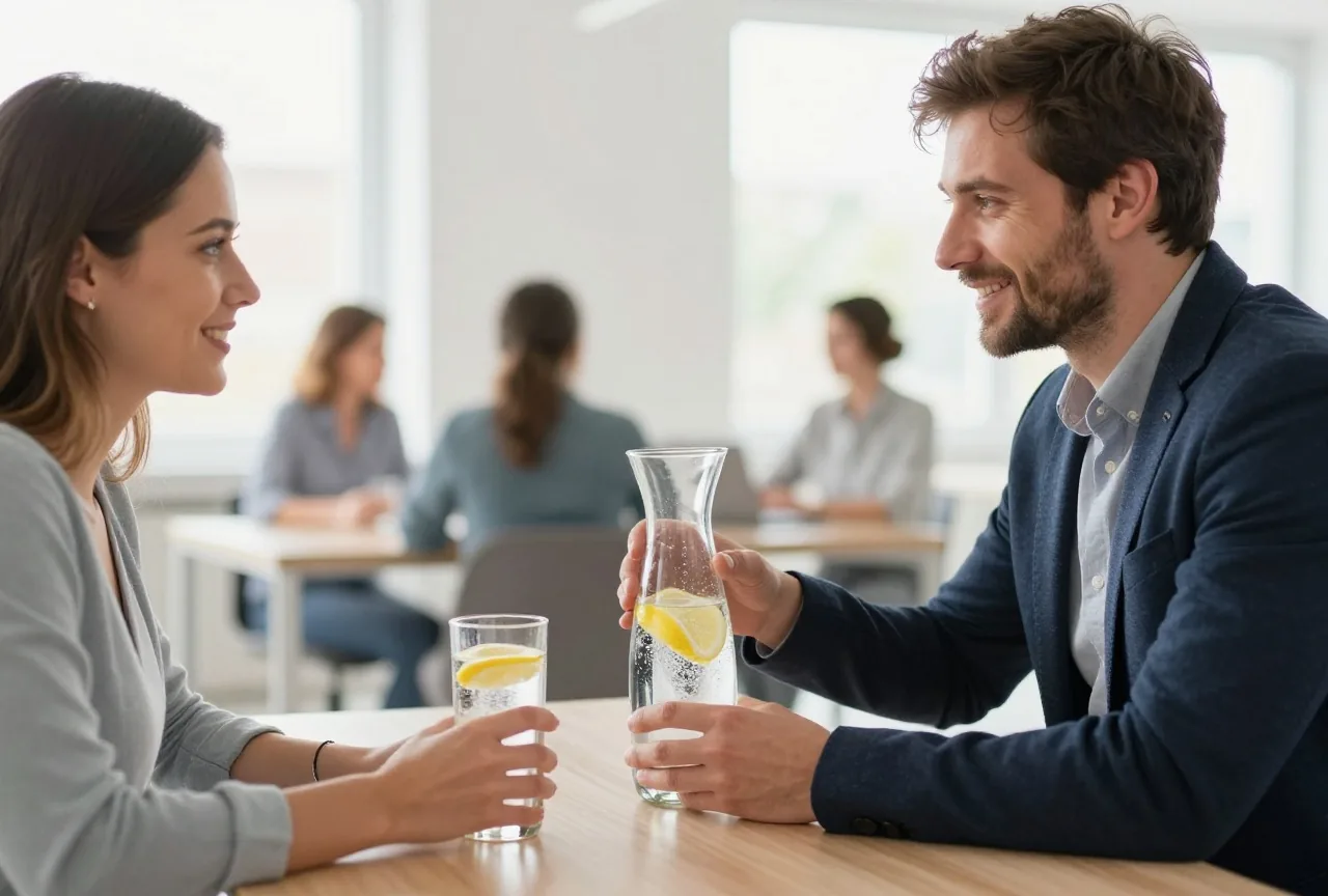 Zwei Kollegen in den Dreißigern füllen in der Pause Gläser mit Sprudelwasser und Zitronenscheiben