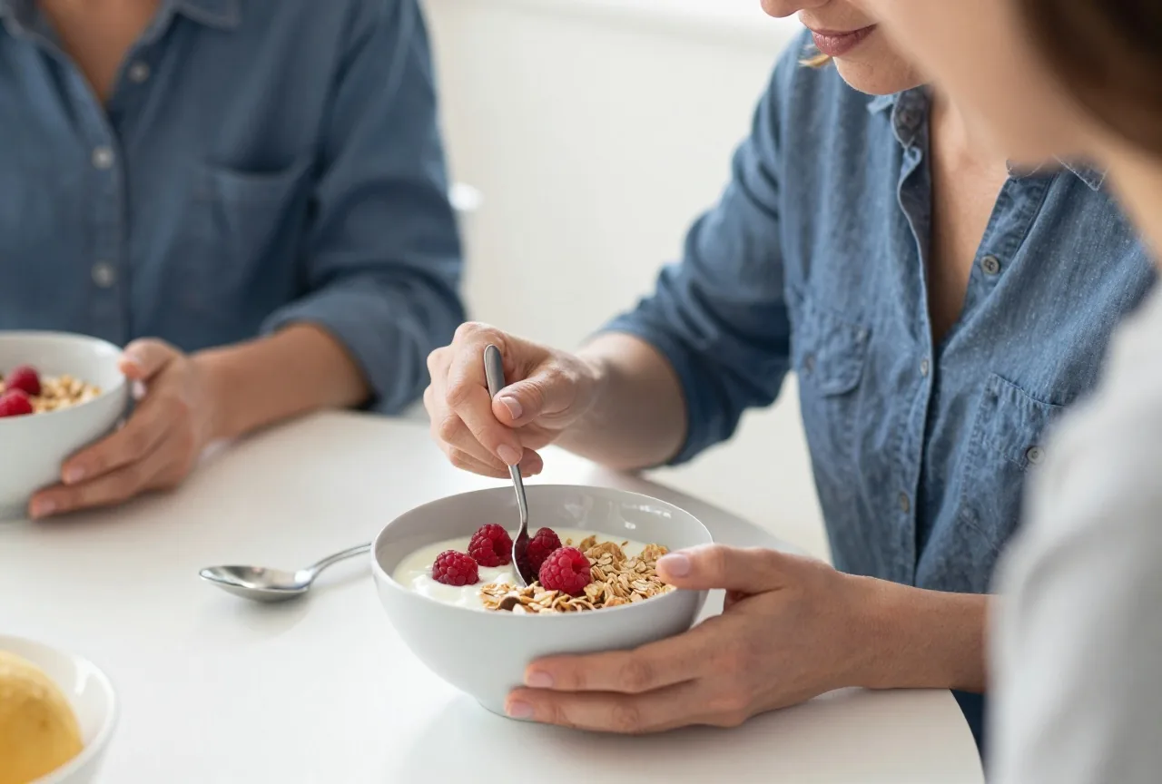 Frau in den Fünfzigern rührt am Frühstückstisch Himbeeren und Haferflocken in eine Schale Naturjoghurt