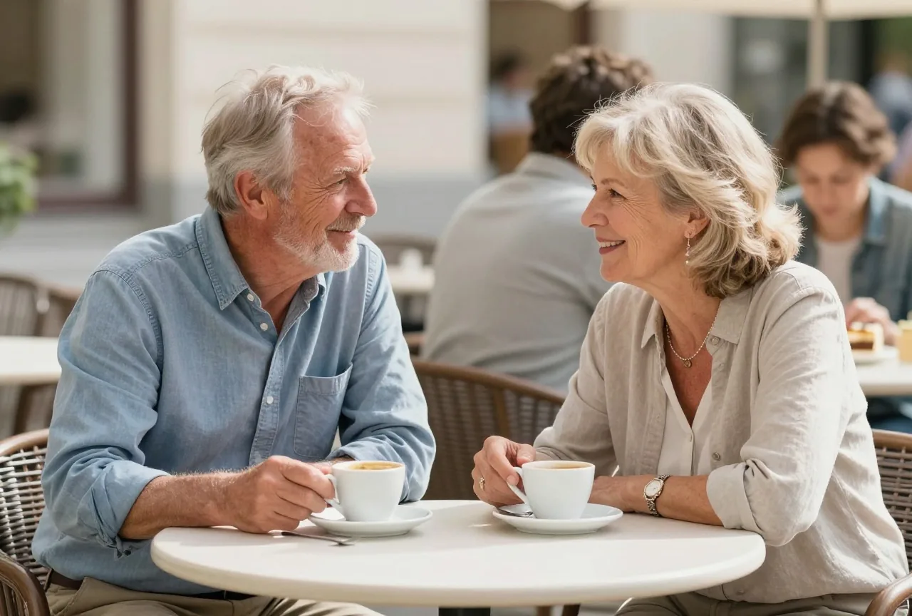 Mann und Frau in den Sechzigern teilen sich auf einer Caféterrasse ein Stück Obstkuchen